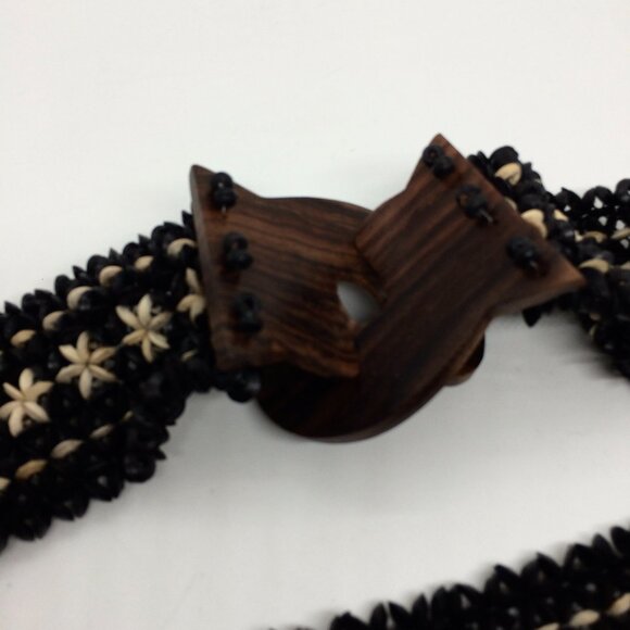 BOHO COCOCONUT BEAD Stretch Belt Wood Frangipani Buckle Black Cream main image 7